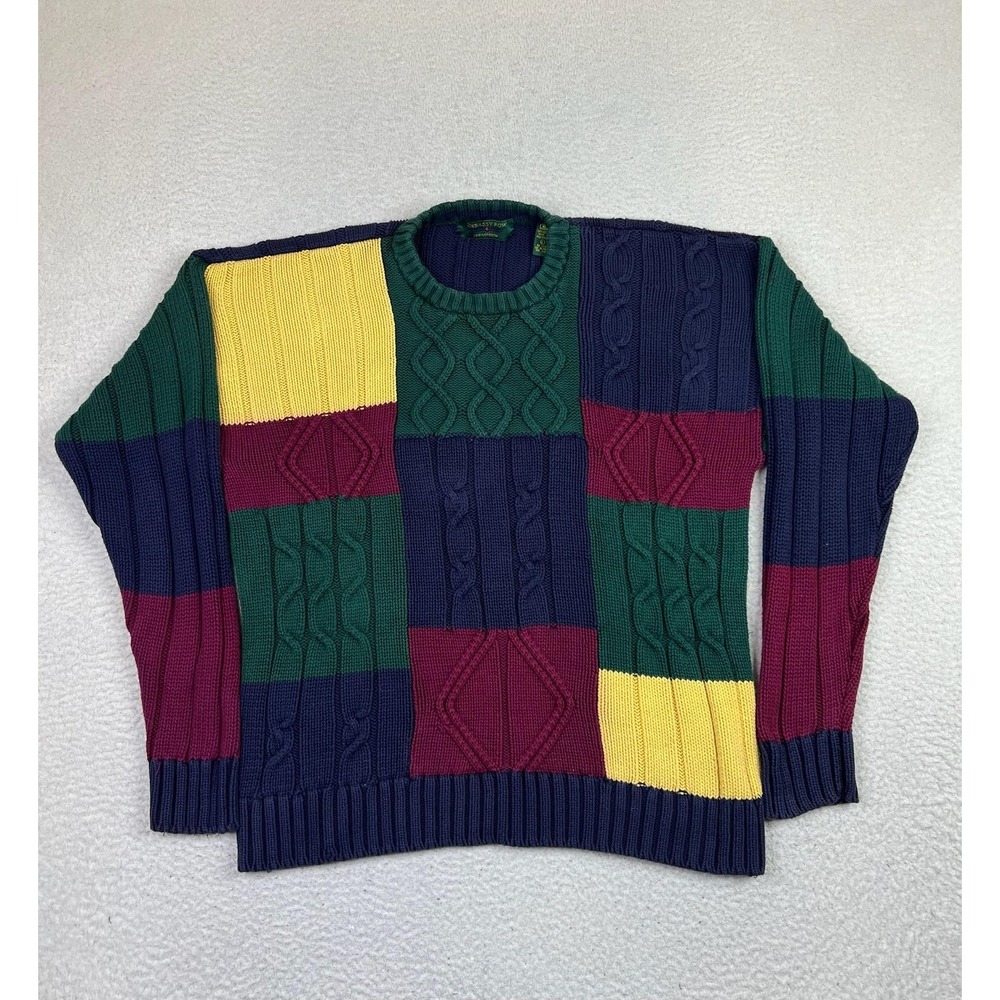 Embassy Row Sweater Mens Large Multicolor Cable Knit Patchwork‎ Cotton Crewneck